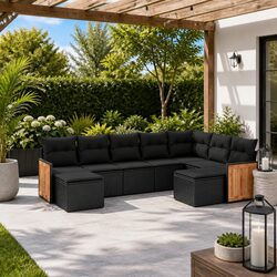 Garden Sofa Set 9 Piece Outdoor Furniture Black Poly Rattan Modular Patio