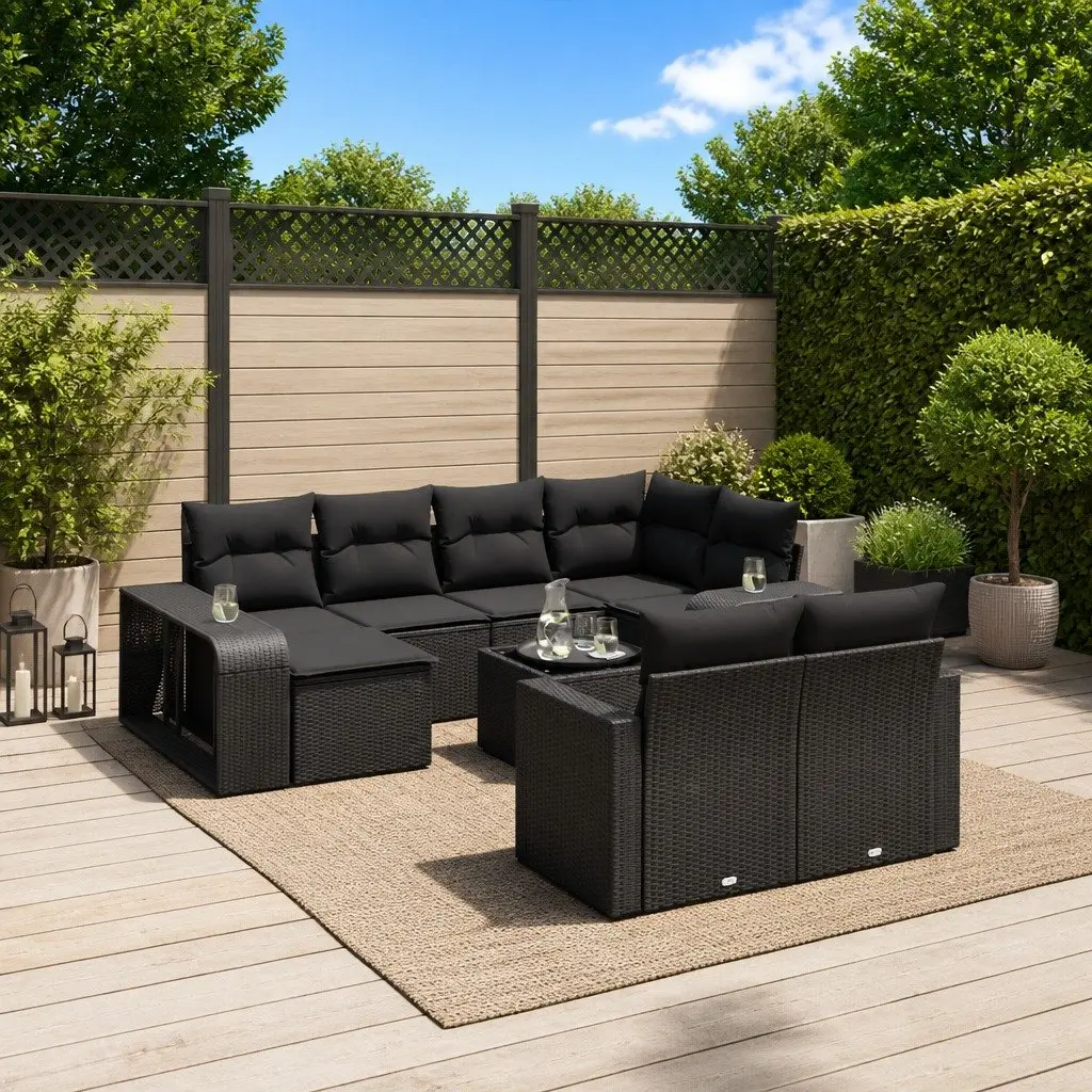 11 Piece Outdoor Garden Sofa Set with Storage Black Poly Rattan