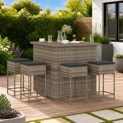 5 Piece Garden Bar Set Outdoor Patio Furniture with Cushions Grey Rattan