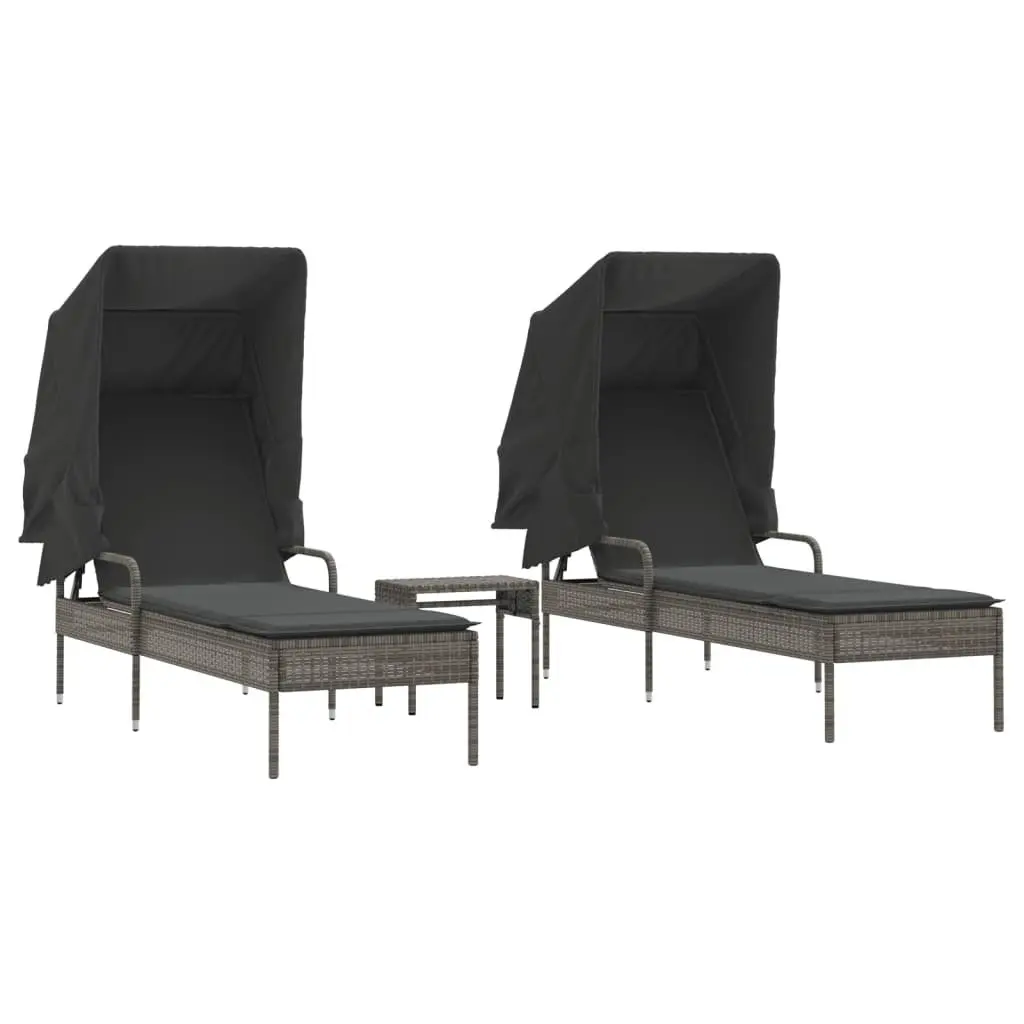 Sun Loungers Outdoor Garden Patio 2 Pieces Grey with Retractable Canopies and Tea Table