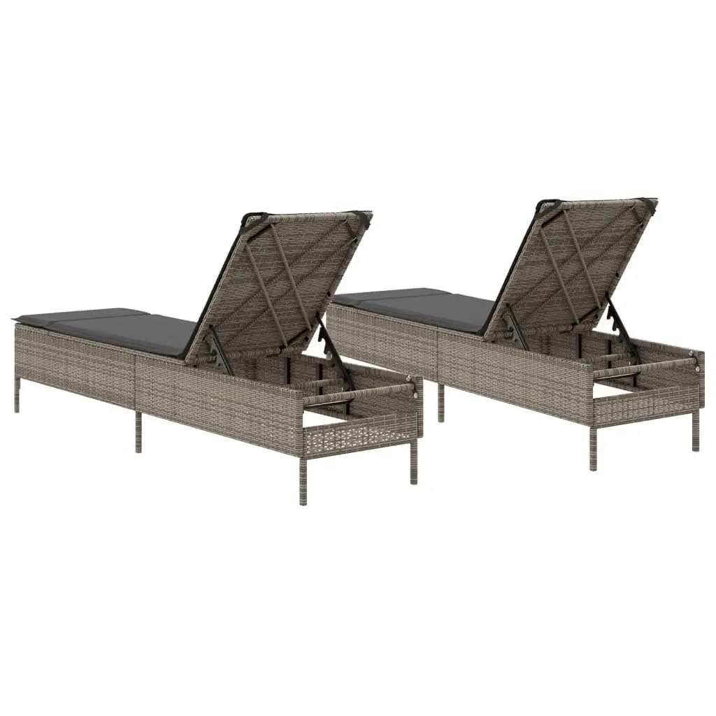 Sun Loungers for Outdoor Use 2 Piece Grey Poly Rattan Adjustable Seating with Cushions