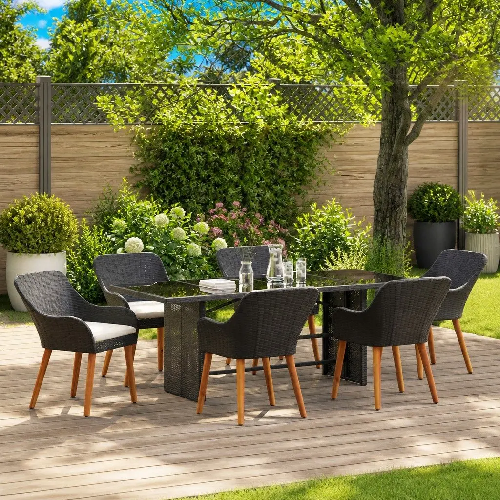 Garden Dining Set Outdoor Furniture 7 Piece Poly Rattan Black with Cushion