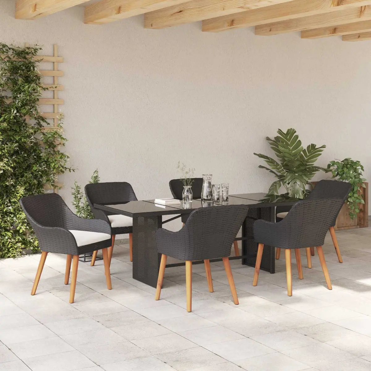 Garden Dining Set Outdoor Furniture 7 Piece Poly Rattan Black with Cushion