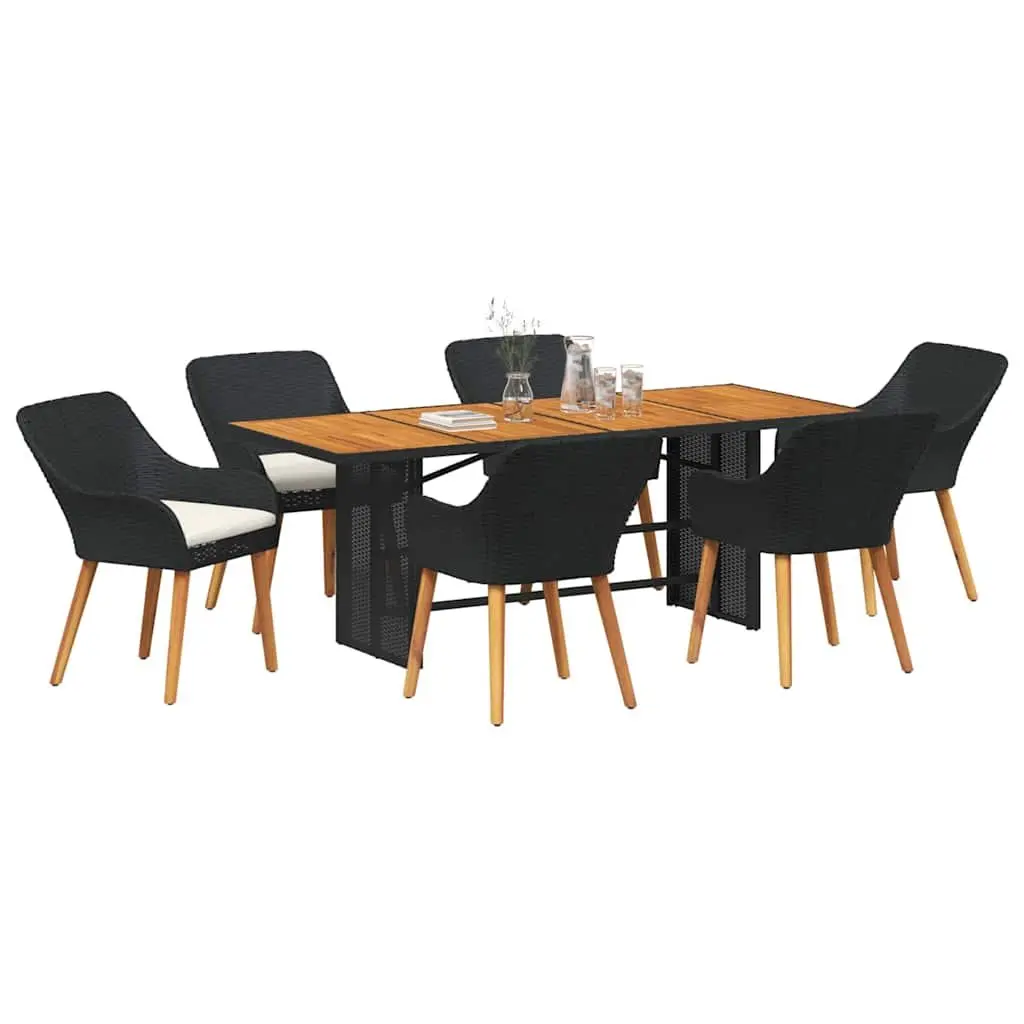 7 Piece Outdoor Dining Set for Garden with Black Poly Rattan Chairs and Table