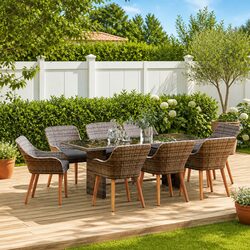 Outdoor Dining Set – 9 Pieces, Grey Poly Rattan, Cushions Included