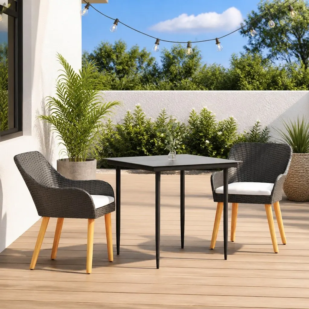 Garden Dining Set 3 Pieces Outdoor Use Black Poly Rattan Chair Table