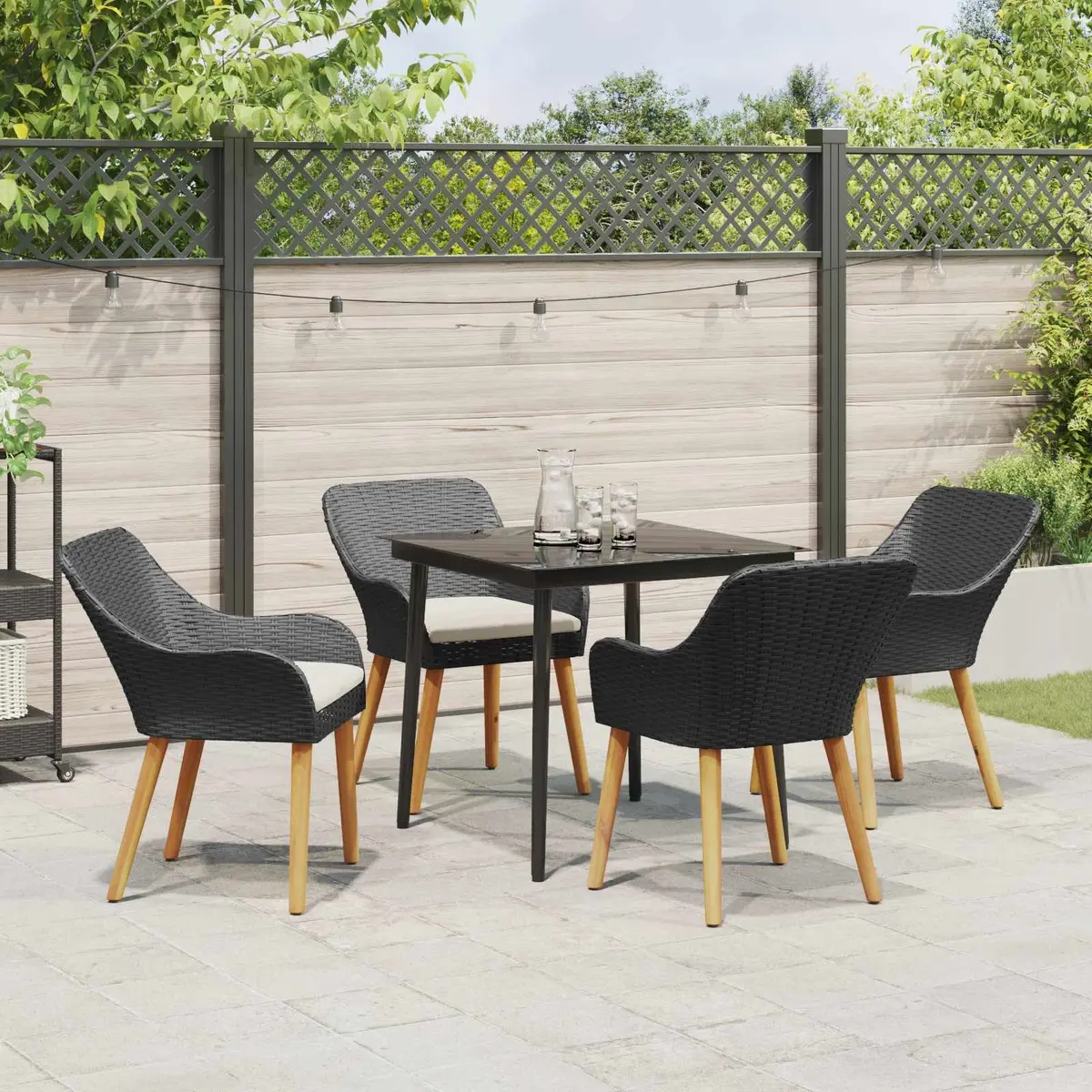 Garden Dining Set 5 Piece Poly Rattan Patio Table Chairs with Cushions Black
