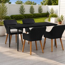 5-Piece Black Garden Dining Set with Cushions and Glass Top