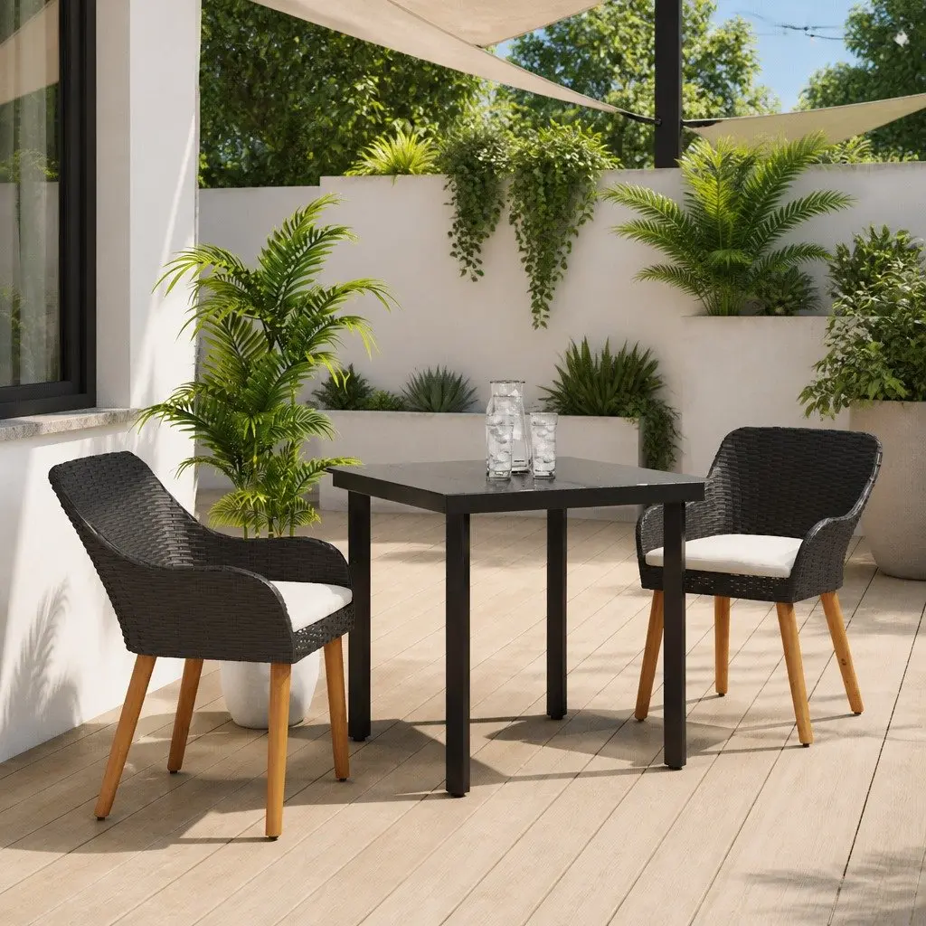 Garden Dining Set Outdoor Use 3 Pieces Black Poly Rattan Chairs Table