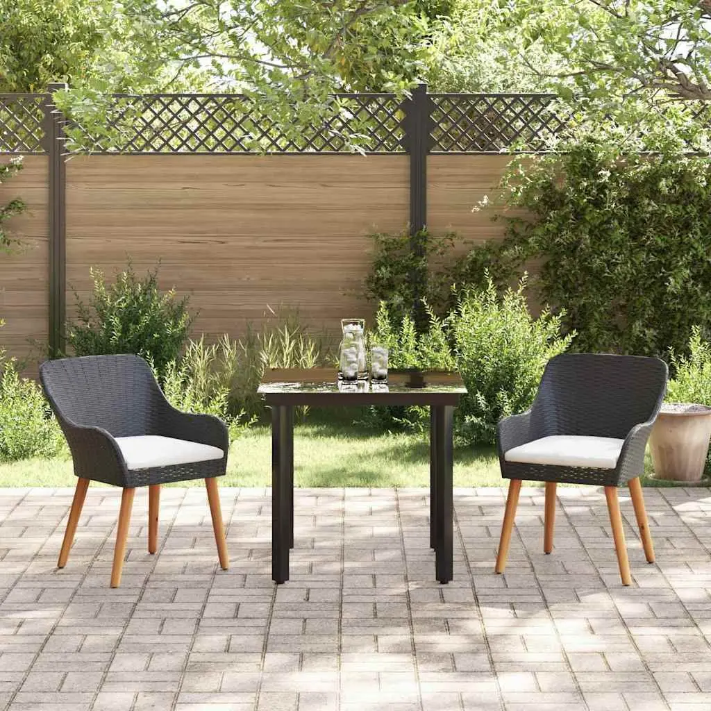 Garden Dining Set Outdoor Use 3 Pieces Black Poly Rattan Chairs Table
