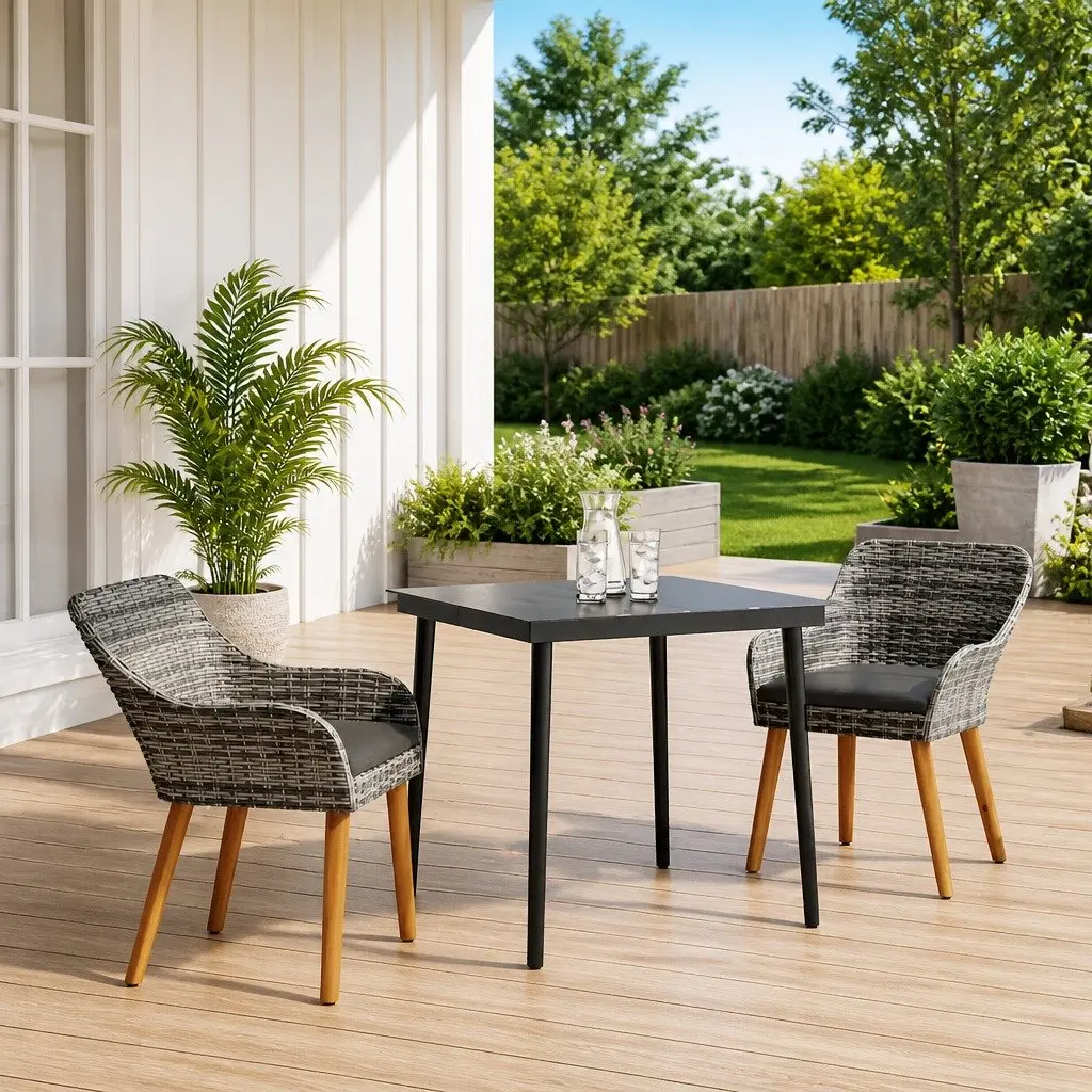 Outdoor Dining Set 3 Piece Grey Poly Rattan Furniture for Patio with Cushions and Tempered Glass Table