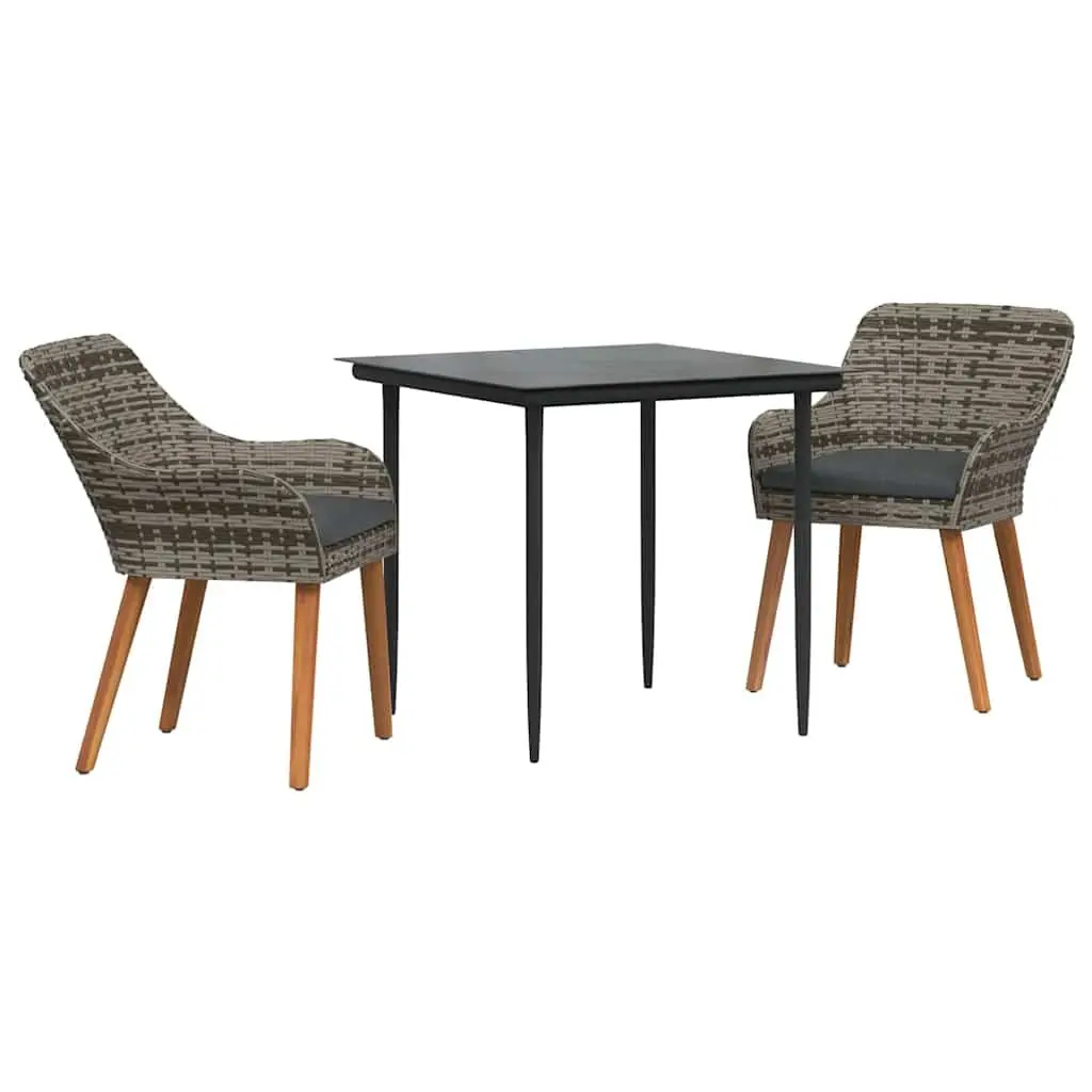 Outdoor Dining Set 3 Piece Grey Poly Rattan Furniture for Patio with Cushions and Tempered Glass Table