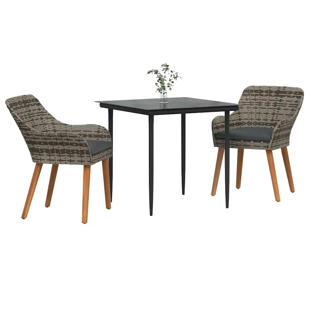 Outdoor Dining Set 3 Piece Grey Poly Rattan Furniture for Patio with Cushions and Tempered Glass Table