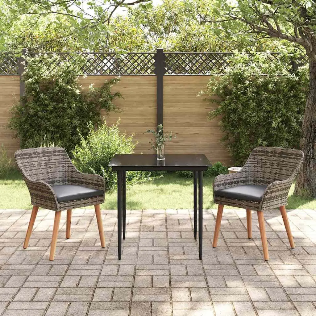 Outdoor Dining Set 3 Piece Grey Poly Rattan Furniture for Patio with Cushions and Tempered Glass Table