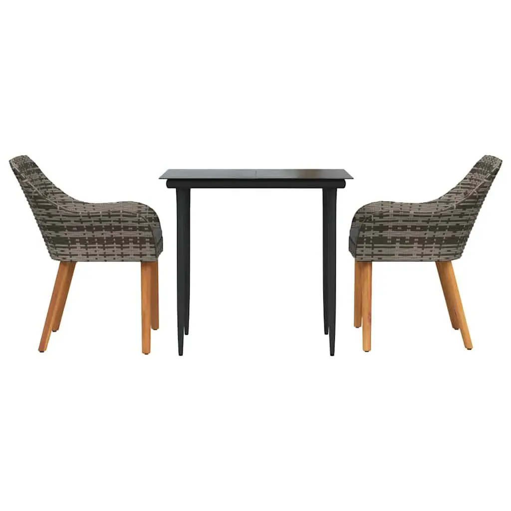 Outdoor Dining Set 3 Piece Grey Poly Rattan Furniture for Patio with Cushions and Tempered Glass Table