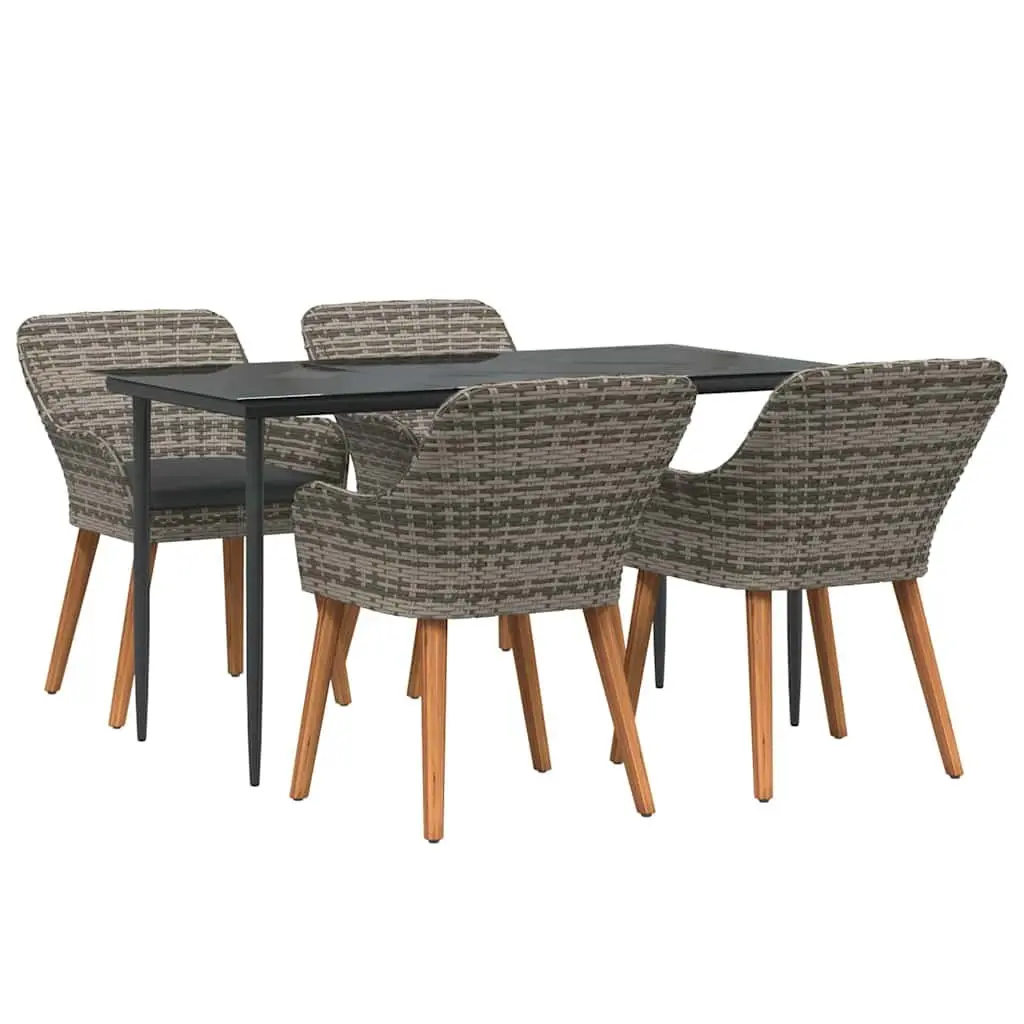 Outdoor Dining Set 5 Piece Garden Furniture Grey Poly Rattan Cushioned Chairs with Tempered Glass Table