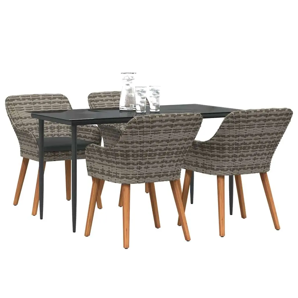 Outdoor Dining Set 5 Piece Garden Furniture Grey Poly Rattan Cushioned Chairs with Tempered Glass Table