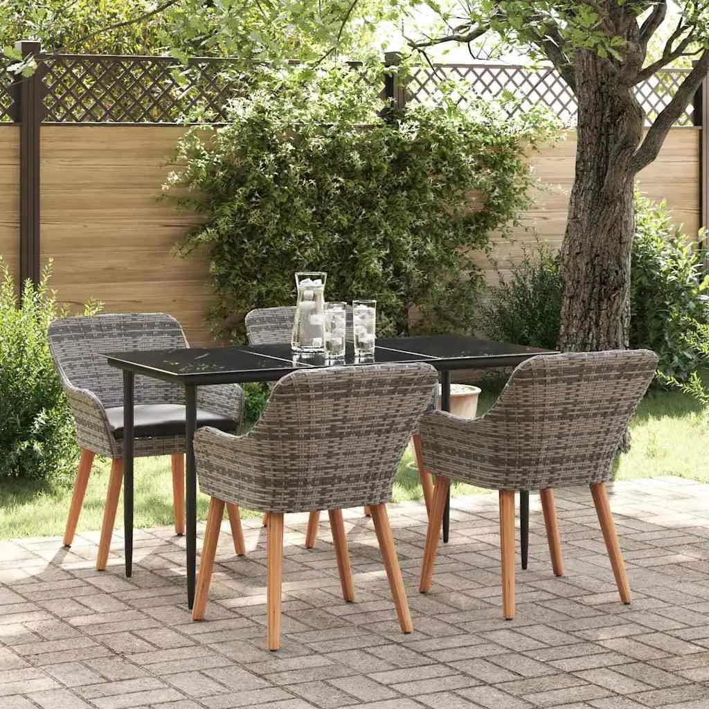 Outdoor Dining Set 5 Piece Garden Furniture Grey Poly Rattan Cushioned Chairs with Tempered Glass Table