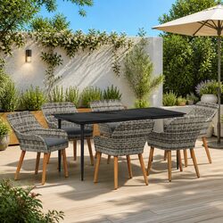 Outdoor Dining Set 7 Pieces: Grey Poly Rattan & Glass