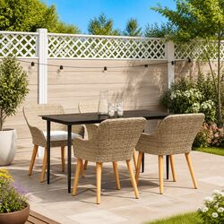 5 Piece Outdoor Dining Set Poly Rattan Beige Garden Furniture with Cushions