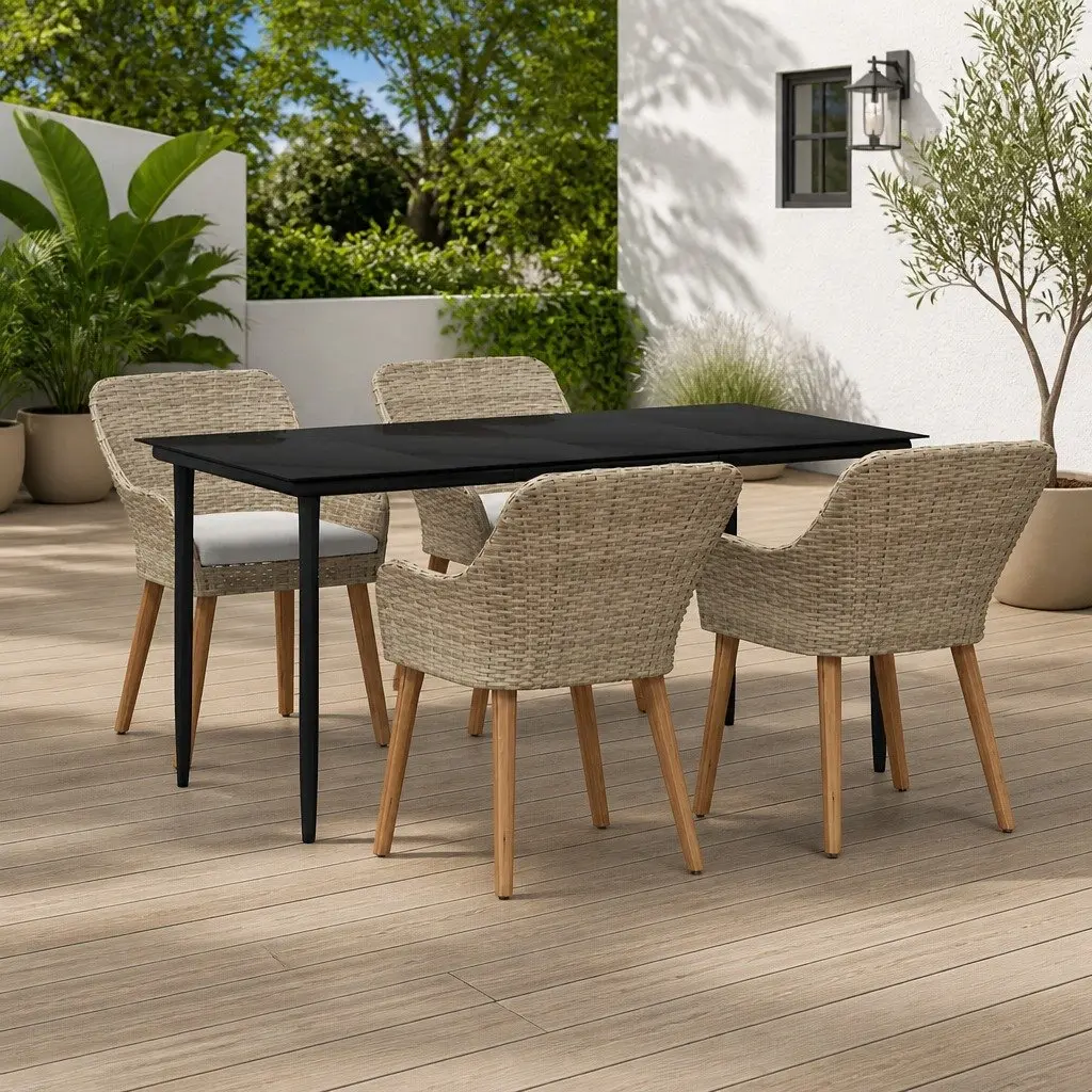 Garden Dining Set 5 Pieces Outdoor Use Beige Poly Rattan Table Chairs Cushions