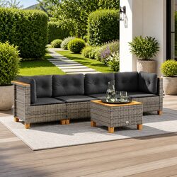 5 Piece Outdoor Sofa Set: Grey PE Rattan & Acacia Table