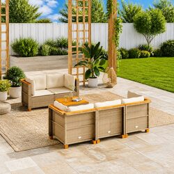 6-Piece Garden Sofa Set: Beige Poly Rattan & Acacia Wood
