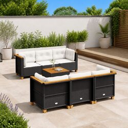 7 Piece Outdoor Garden Sofa Set Patio Furniture with Cushions Black Poly Rattan