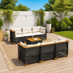 7 Piece Outdoor Garden Sofa Set Black Poly Rattan with Cushions Patio Furniture