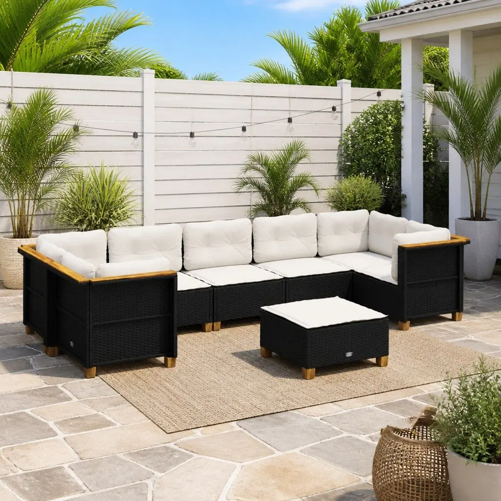 Outdoor Furniture 8 Piece Modular Garden Sofa Set Black Poly Rattan with Cushions