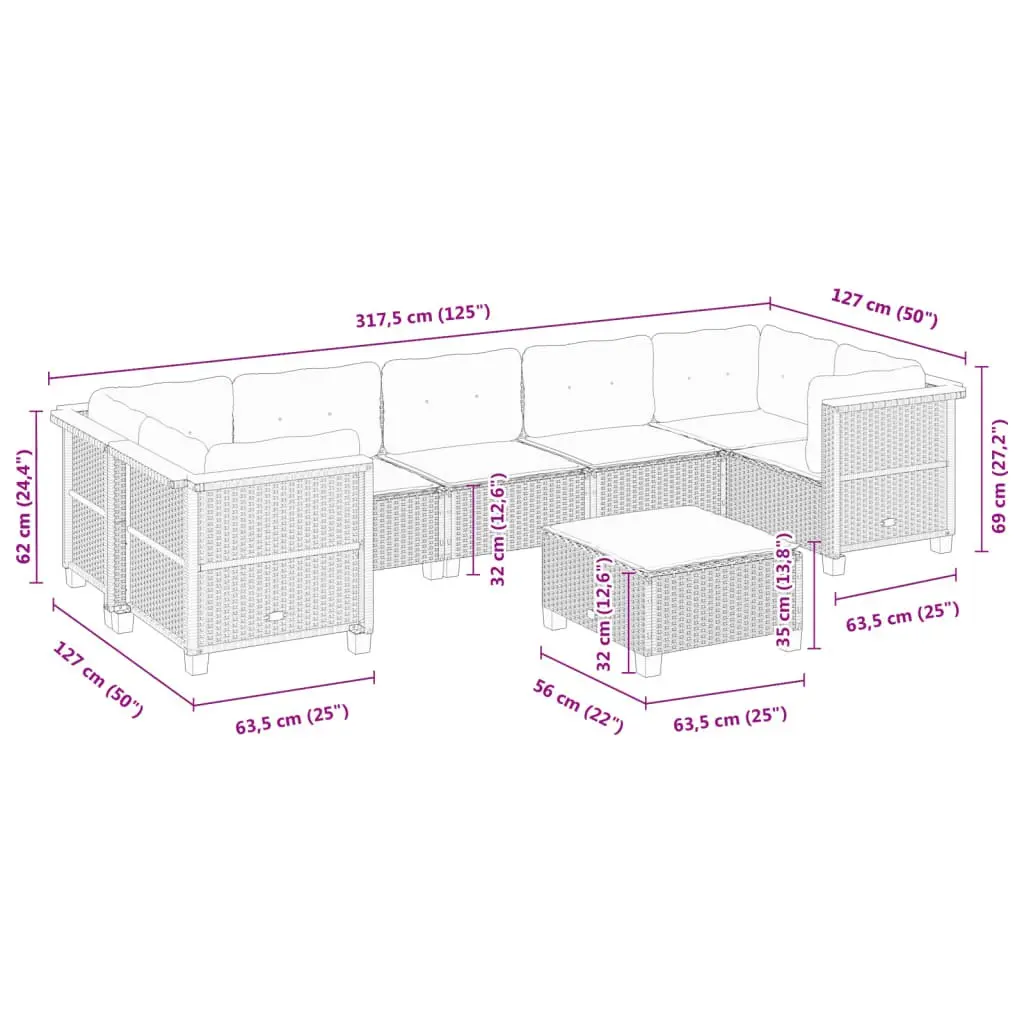 Outdoor Furniture 8 Piece Modular Garden Sofa Set Black Poly Rattan with Cushions