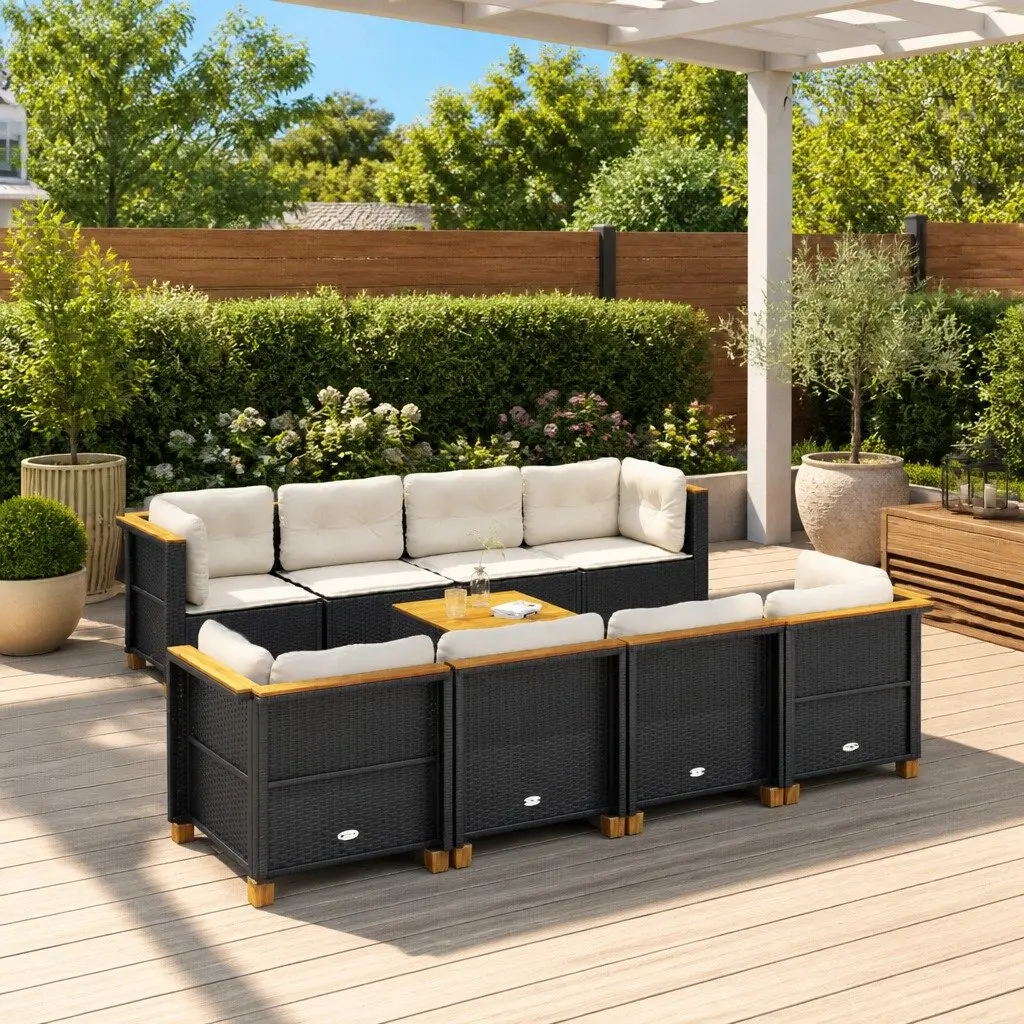 Outdoor Sectional Sofa Set 9 Piece Furniture with Cushions for Garden Patio in Black