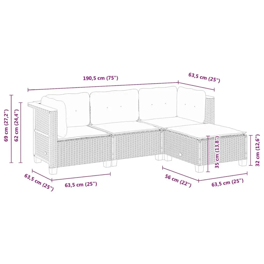 Modular4PieceBlackRattanSofaSetforOutdoorPatioLoungewithThickCushions
