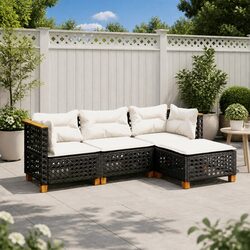 4-Piece Modular Garden Sofa Set: Black Poly Rattan with Cushions