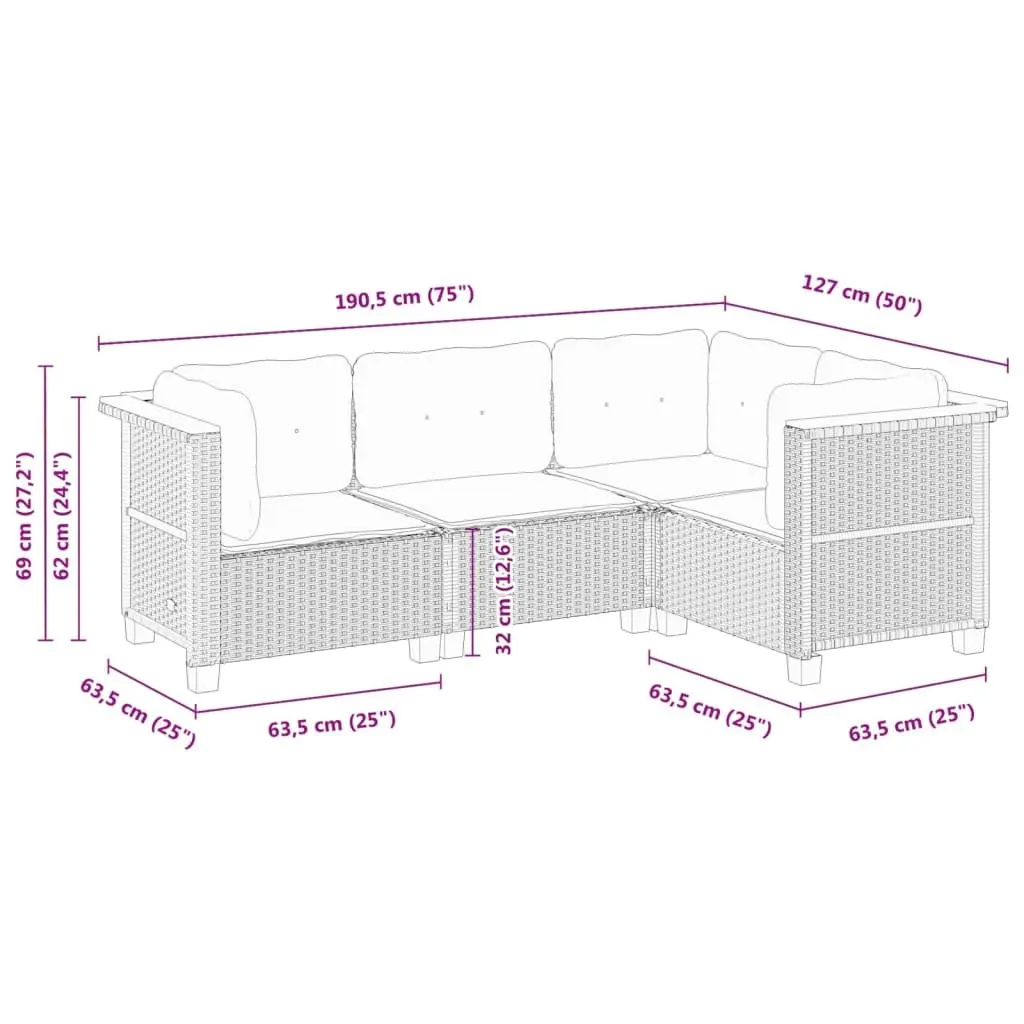 4 Piece Outdoor Garden Sofa Set Grey Poly Rattan Patio Furniture