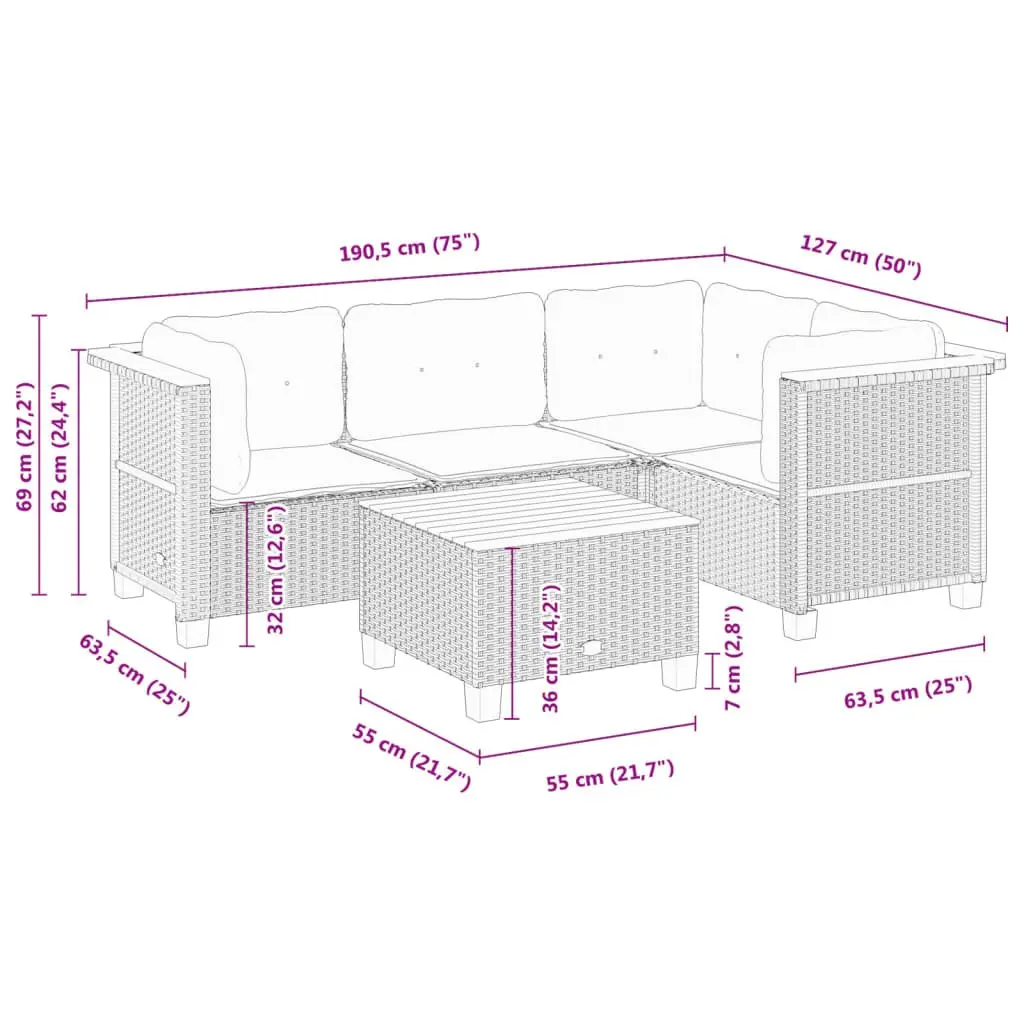 5 Piece Modular Outdoor Sofa Set for Garden with Cushions Black PE Rattan