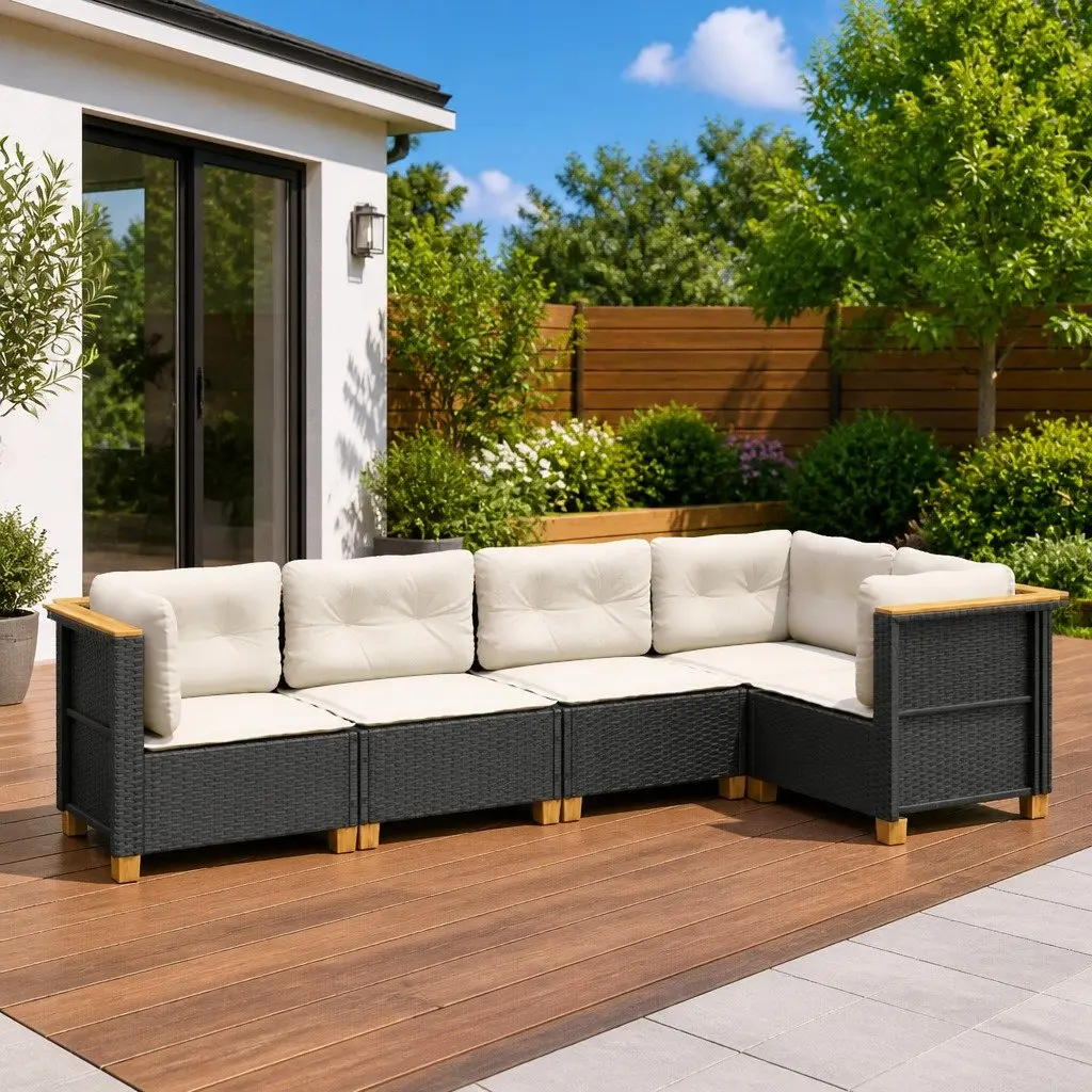 Garden Sofa Set Outdoor Furniture 5 Piece Black Poly Rattan Modular Patio