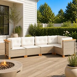 5 Piece Outdoor Garden Sofa Set - Beige, PE Rattan, Modular