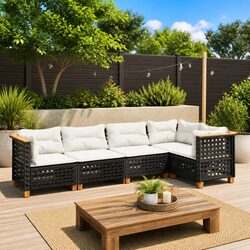 5 Piece Garden Sofa Set Outdoor Furniture Black Poly Rattan Cushions Patio