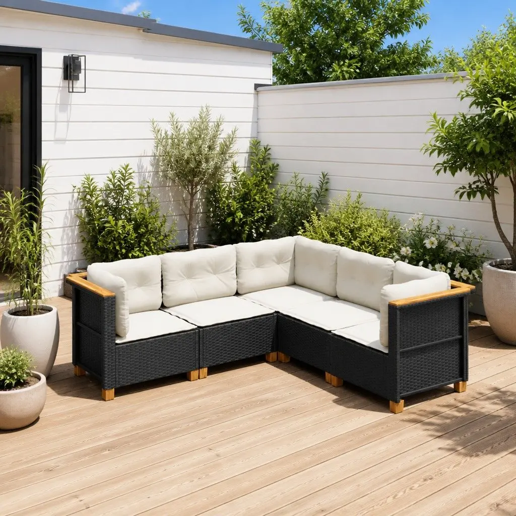 5 Piece Outdoor Garden Sofa Set for Patio Black Poly Rattan Furniture with Cushions