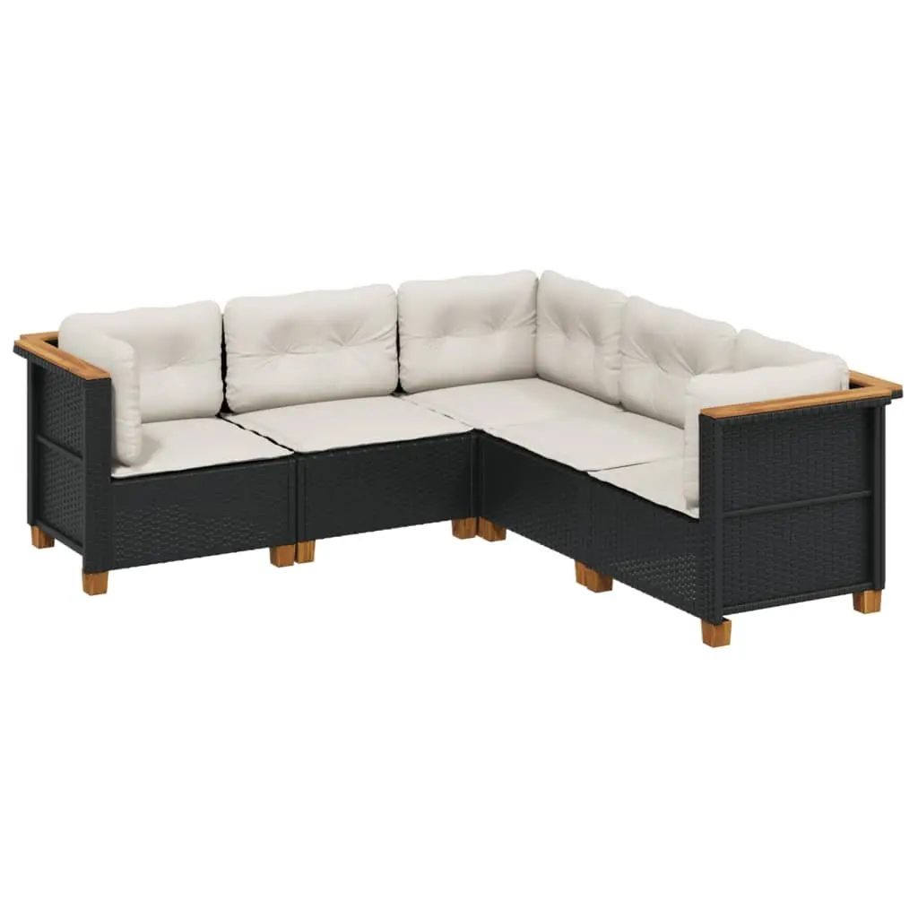 5 Piece Outdoor Garden Sofa Set for Patio Black Poly Rattan Furniture with Cushions