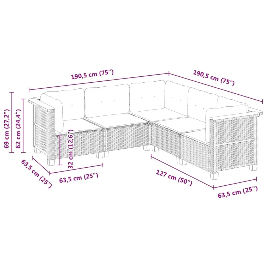 Garden Sofa Set 5 Piece Outdoor Furniture Patio Grey Rattan Cushions Modular