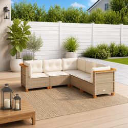 Outdoor Garden Sofa Set 5 Piece Beige Poly Rattan Patio Furniture with Cushions