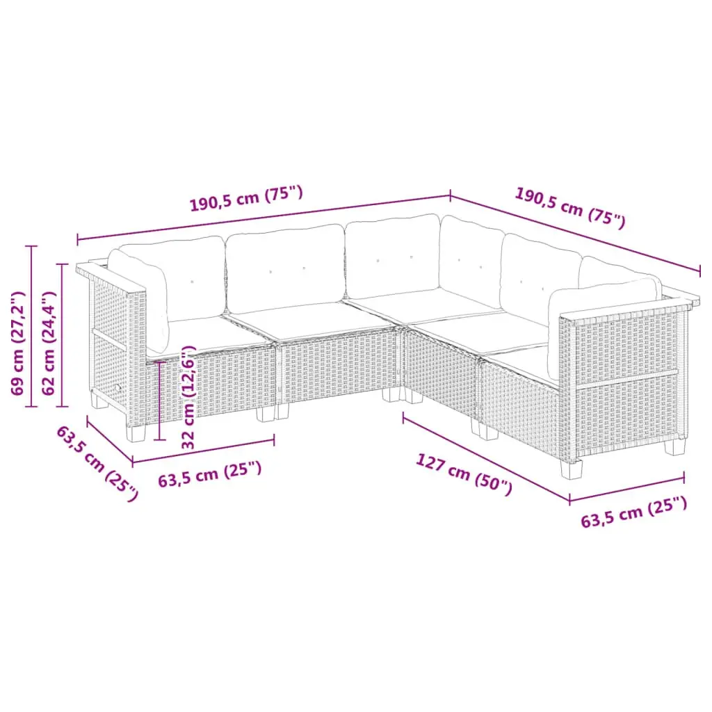 Outdoor Garden Sofa Set 5 Piece Beige Poly Rattan Patio Furniture with Cushions
