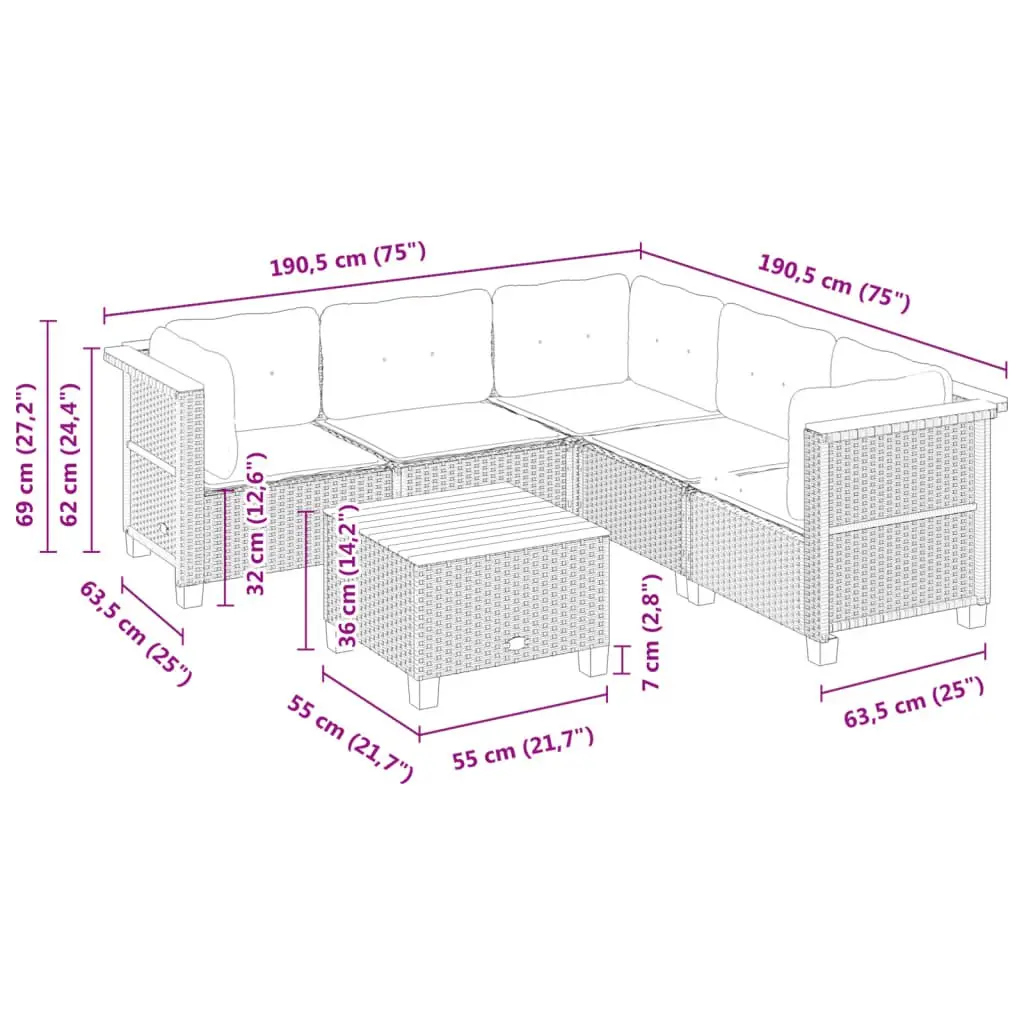 6 Piece Grey Rattan Sofa Set