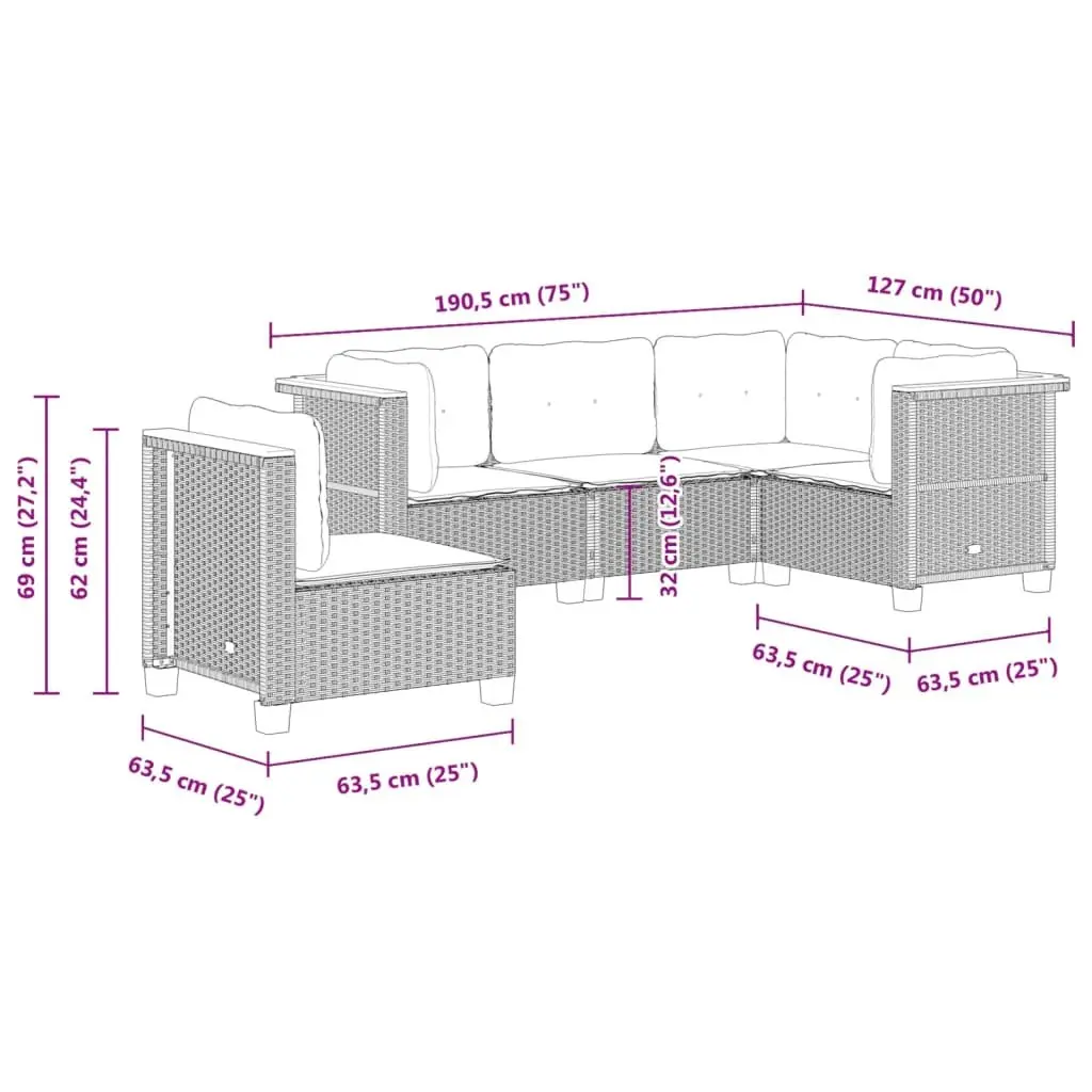 5-Piece Modular Garden Sofa Set with Removable Cushions