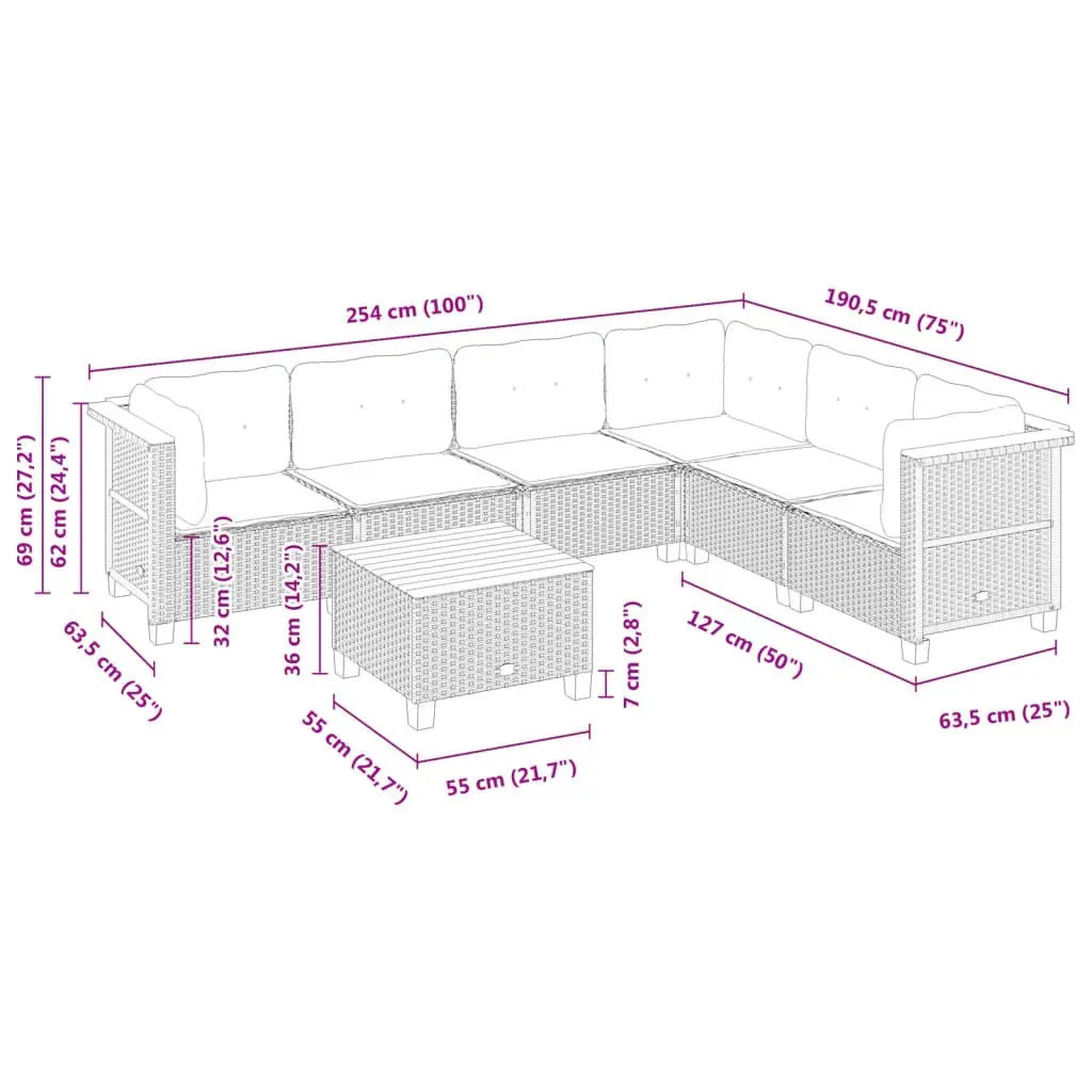 7 Piece Grey Outdoor Garden Sofa Set with Cushions for Patio