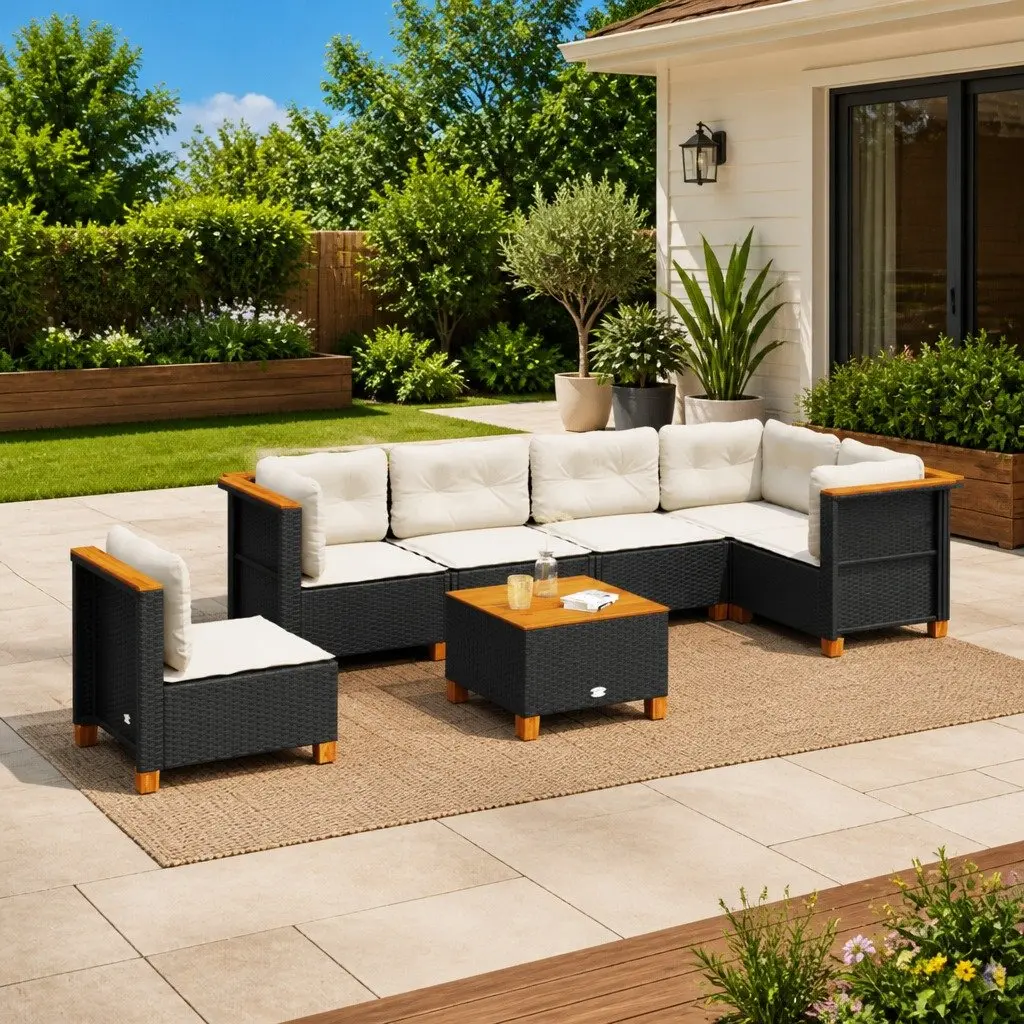 7 Piece Modular Outdoor Sofa Set Patio Furniture Black Poly Rattan with Cushions