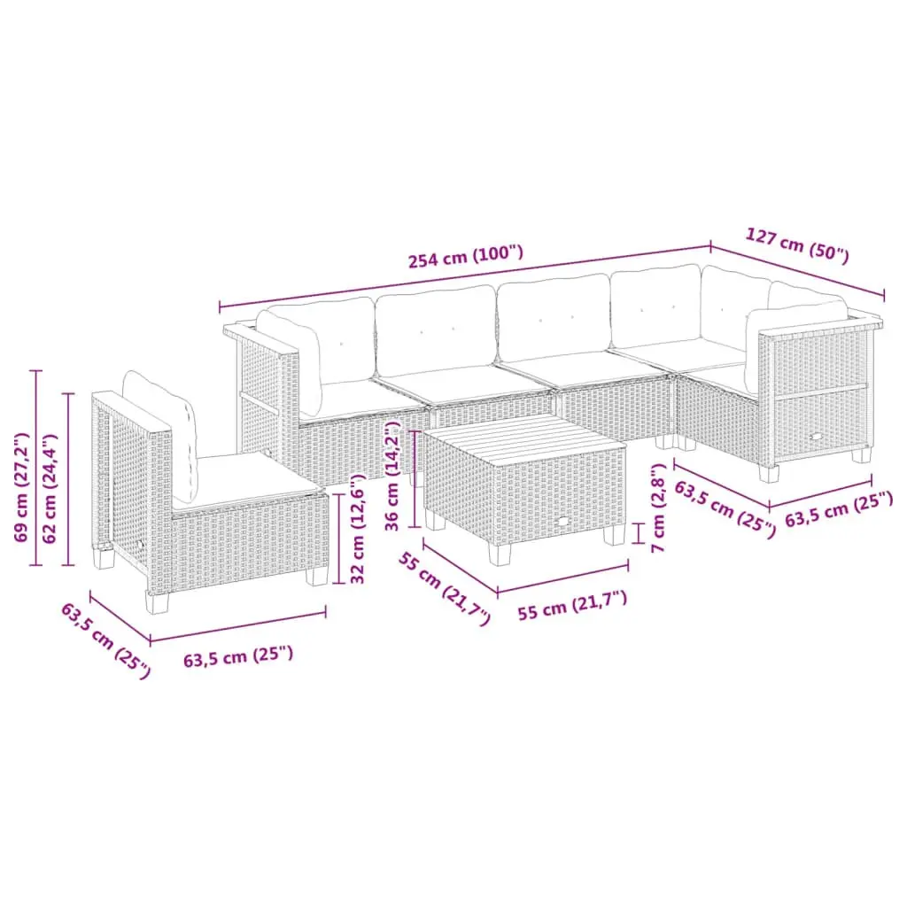 7 Piece Modular Outdoor Sofa Set Patio Furniture Black Poly Rattan with Cushions