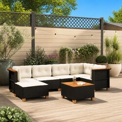 7 Piece Outdoor Garden Sofa Set with Cushions Black Poly Rattan Patio Furniture